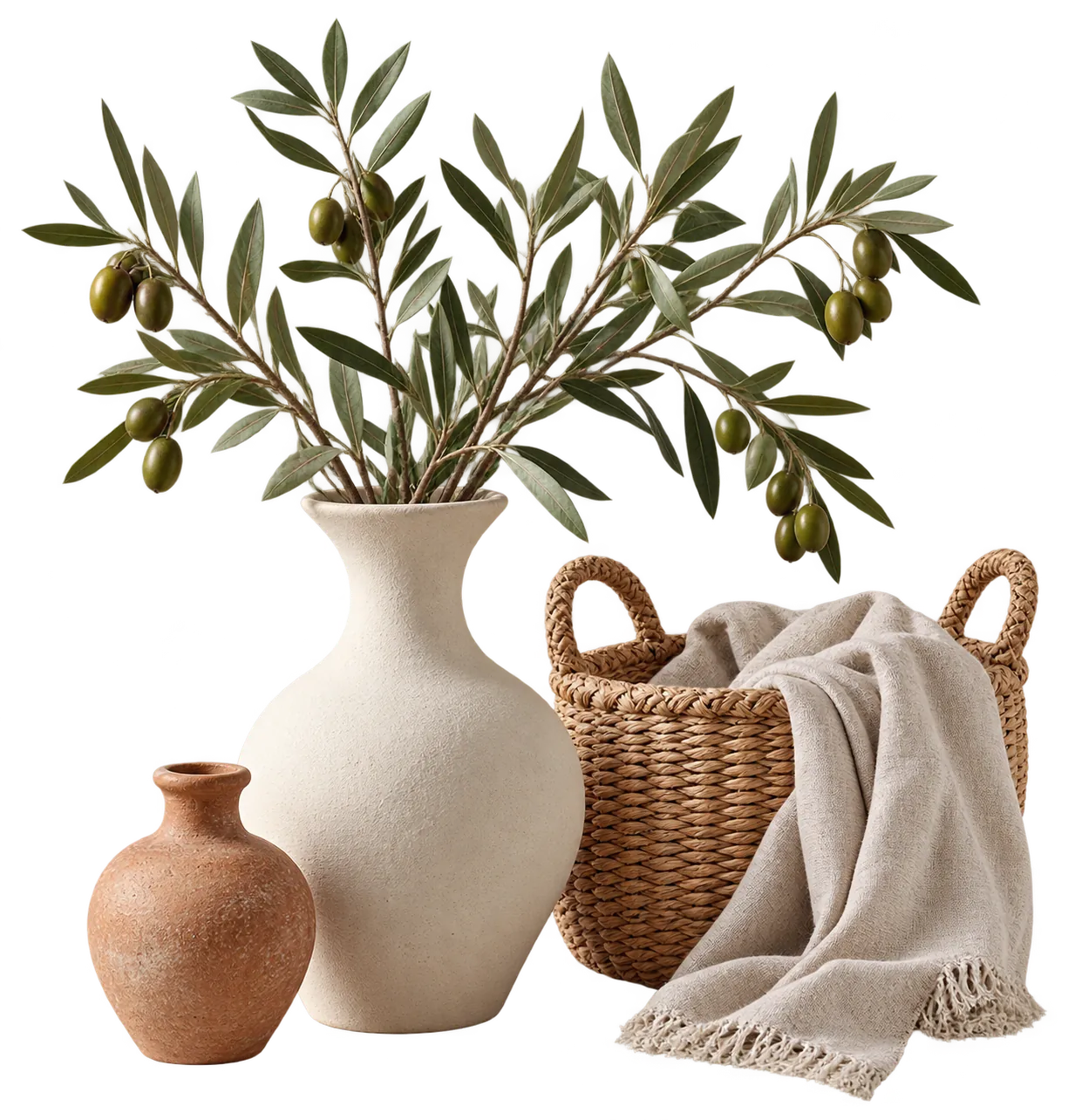 Ceramic vases, olive branches, linen and a woven basket